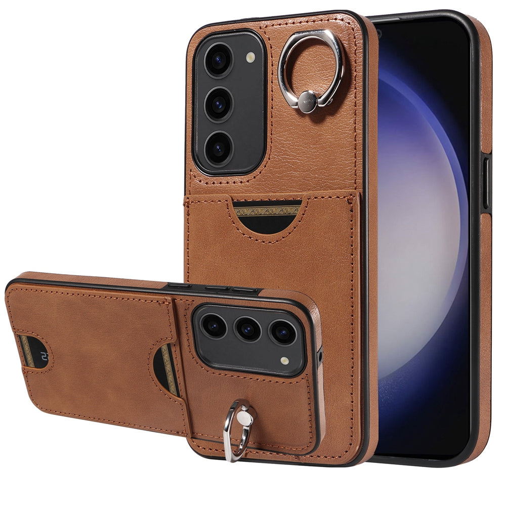 For Samsung Galaxy S23+ 5G Calf Texture Card Slot Ring Holder Phone Case