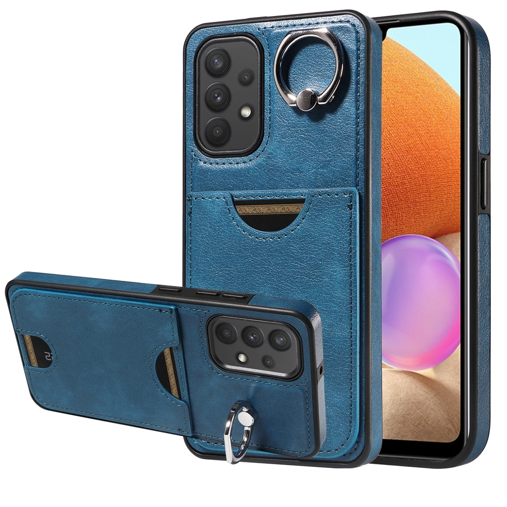 For Samsung Galaxy A32 4G Case with Calf Texture & Ring Holder - Durable Card Slot Design