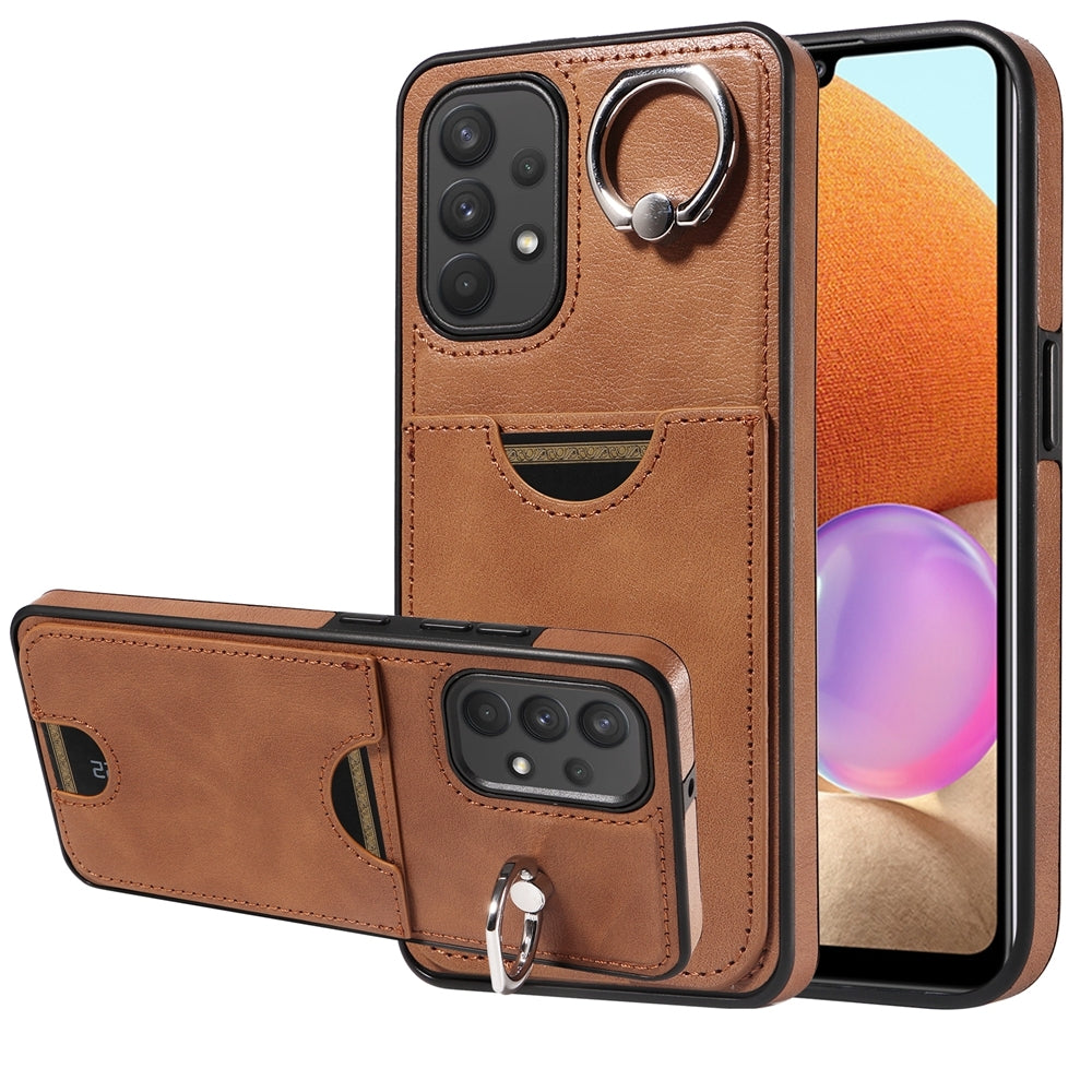 For Samsung Galaxy A32 4G Case with Calf Texture & Ring Holder - Durable Card Slot Design