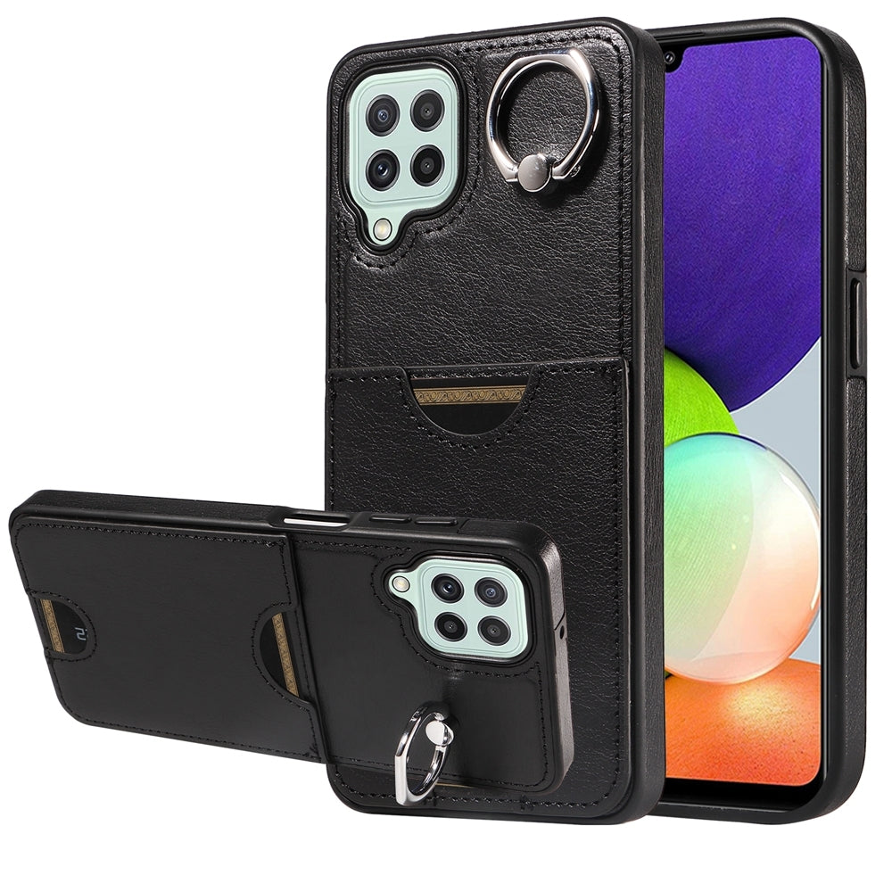 For Samsung Galaxy A22 4G Case with Calf Texture & Ring Holder - Durable Card Slot Design