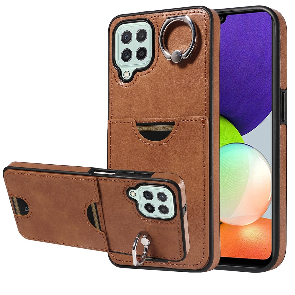 For Samsung Galaxy A22 4G Case with Calf Texture & Ring Holder - Durable Card Slot Design
