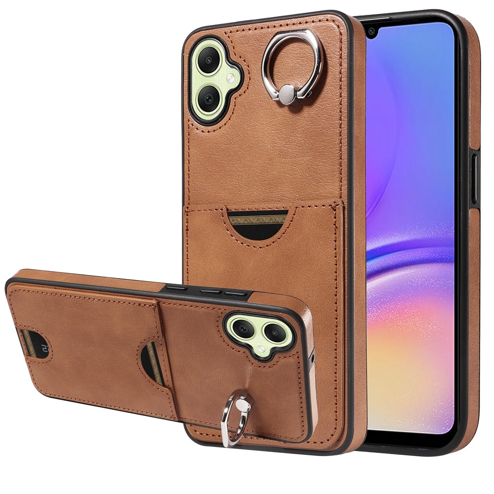 For Samsung Galaxy A05 Calf Texture Card Slot Ring Holder Phone Case