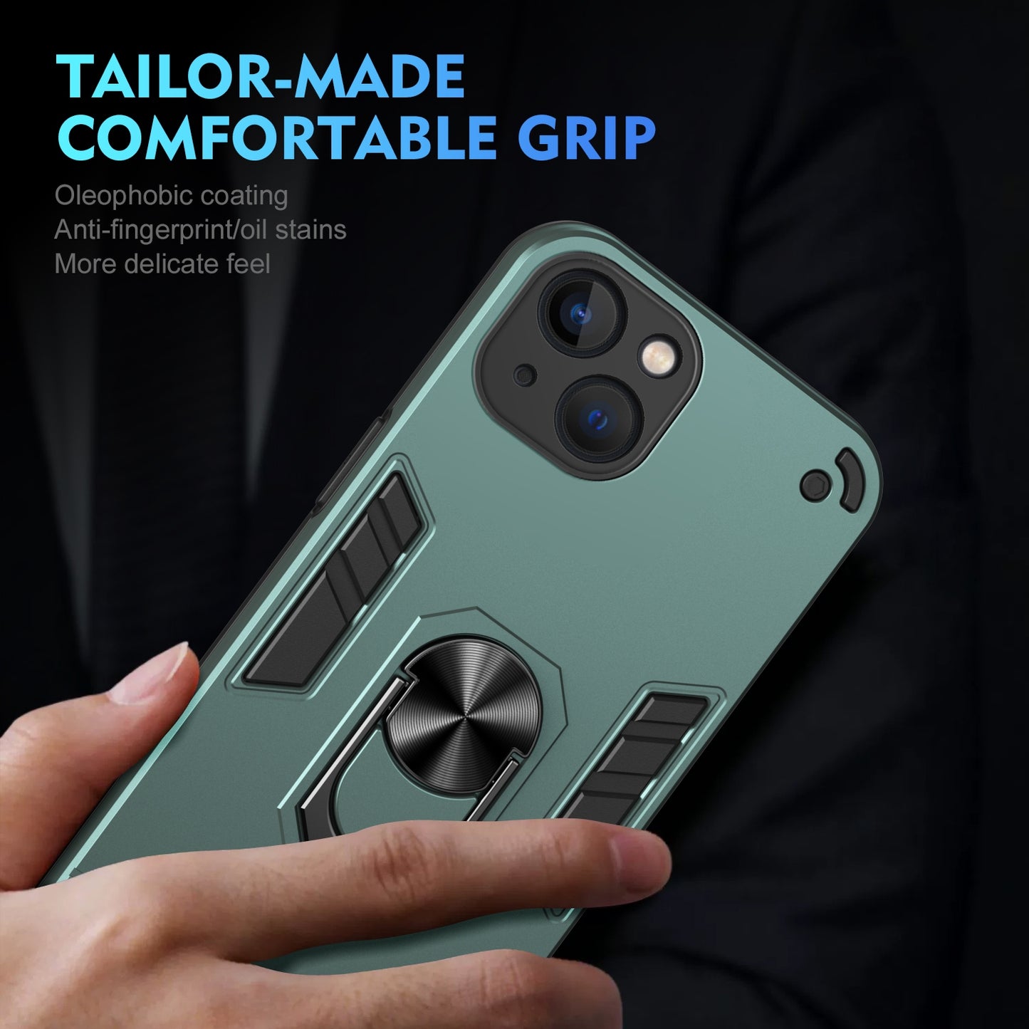 Shockproof iPhone 13 Phone Case with 360° Rotatable Metal Ring Holder, Magnetic Car Mount Stand, Ultra-Thin PC & Silicone Protection Cover