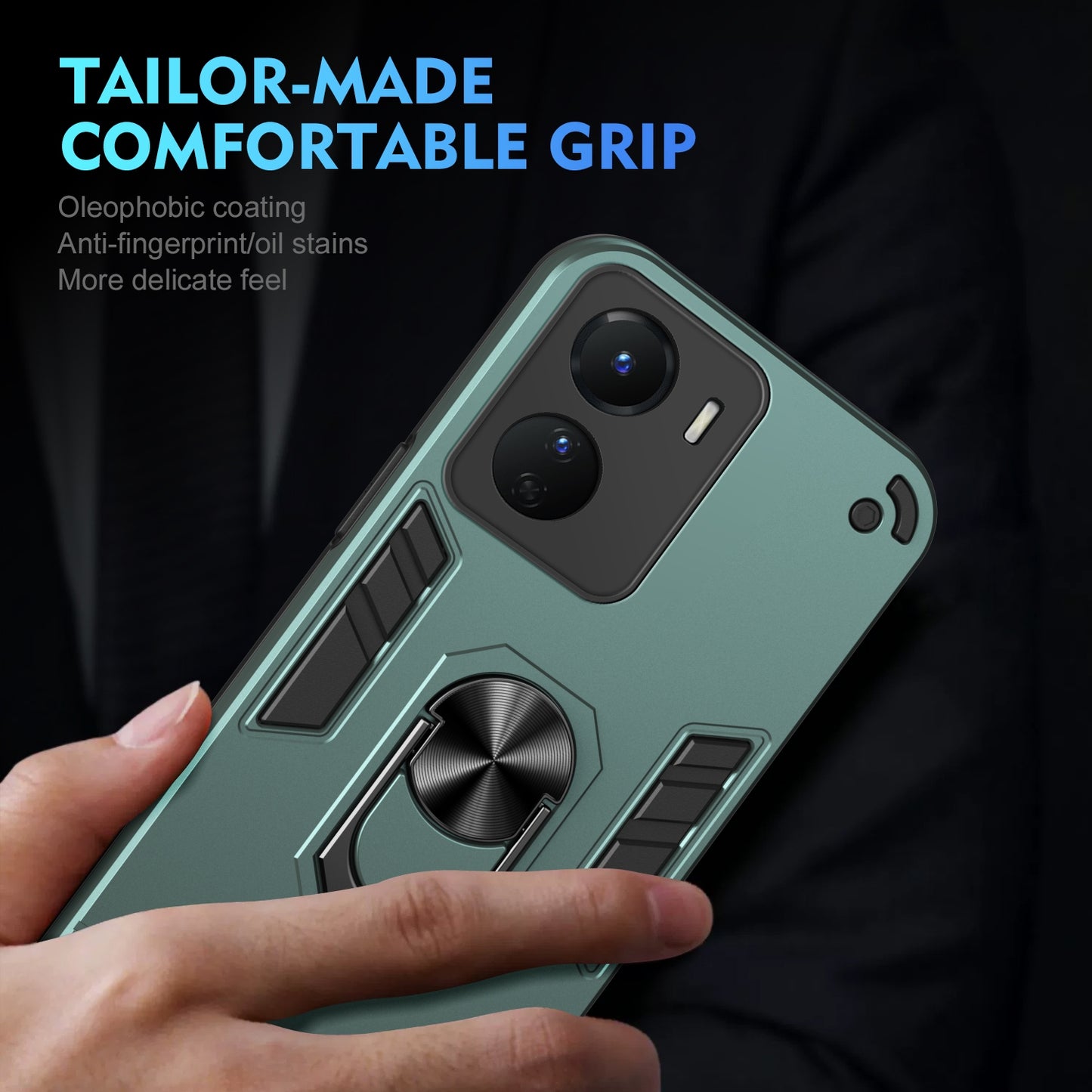 Shockproof vivo Y16 Phone Case with 360° Rotatable Metal Ring Holder, Magnetic Car Mount Stand, Ultra-Thin PC & Silicone Protection Cover