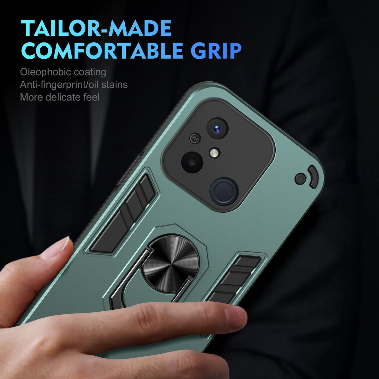 Shockproof Xiaomi Redmi 12C Phone Case with 360° Rotatable Metal Ring Holder, Magnetic Car Mount Stand, Ultra-Thin PC & Silicone Protection Cover