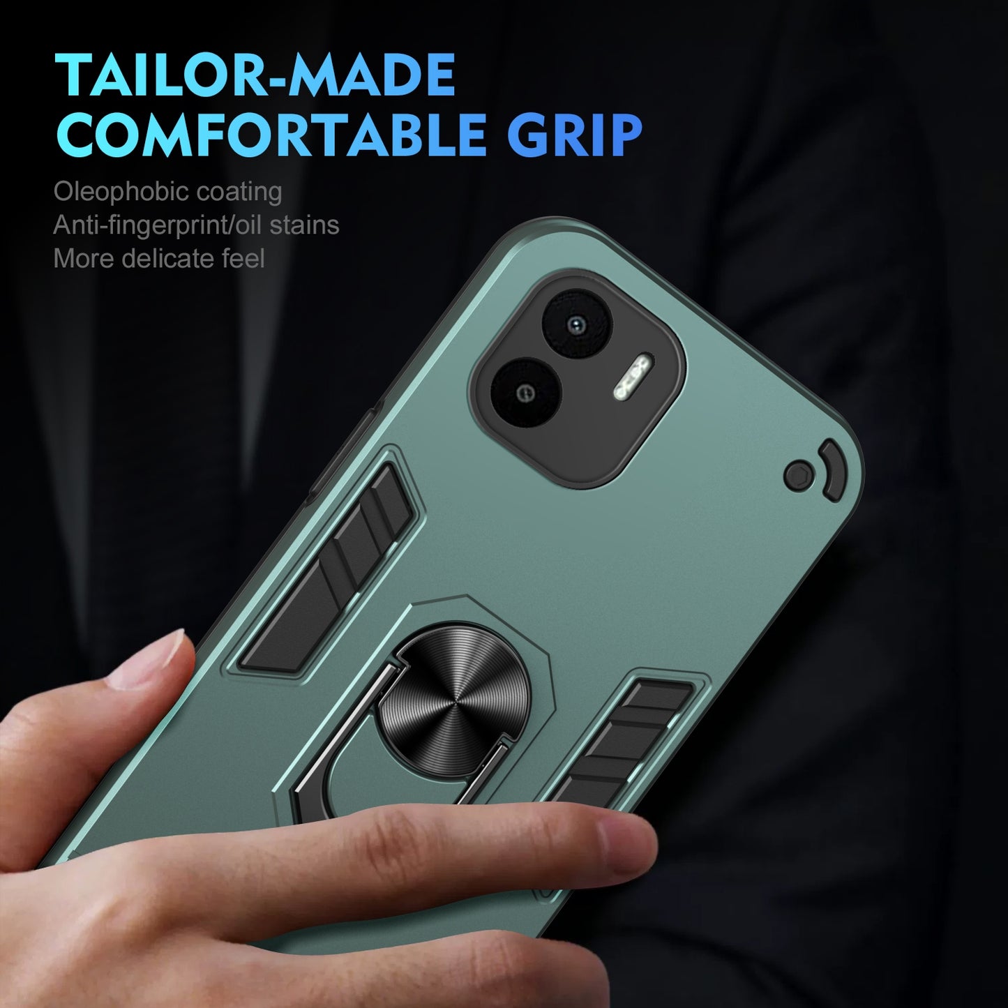 Shockproof Xiaomi Redmi A1 Phone Case with 360° Rotatable Metal Ring Holder, Magnetic Car Mount Stand, Ultra-Thin PC & Silicone Protection Cover