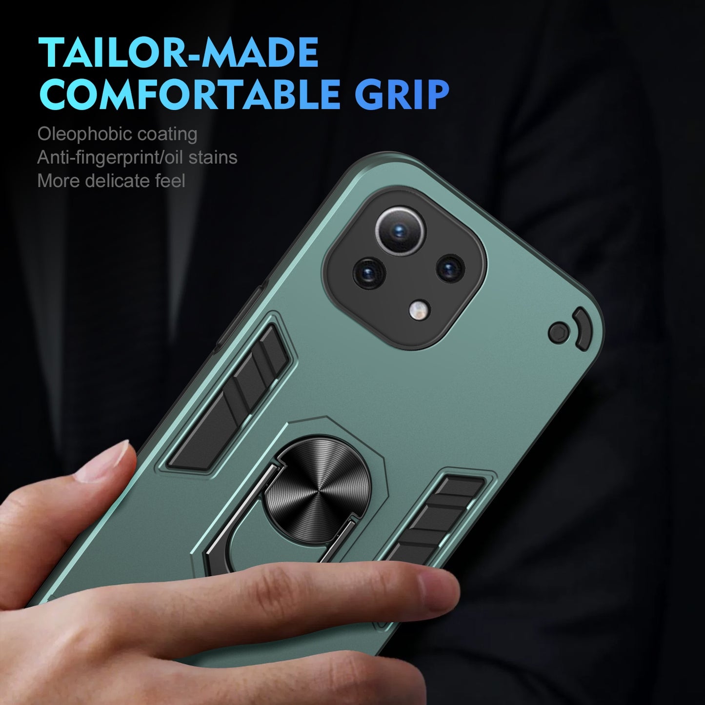 Shockproof Xiaomi Mi 11 Lite Phone Case with 360° Rotatable Metal Ring Holder, Magnetic Car Mount Stand, Ultra-Thin PC & Silicone Protection Cover