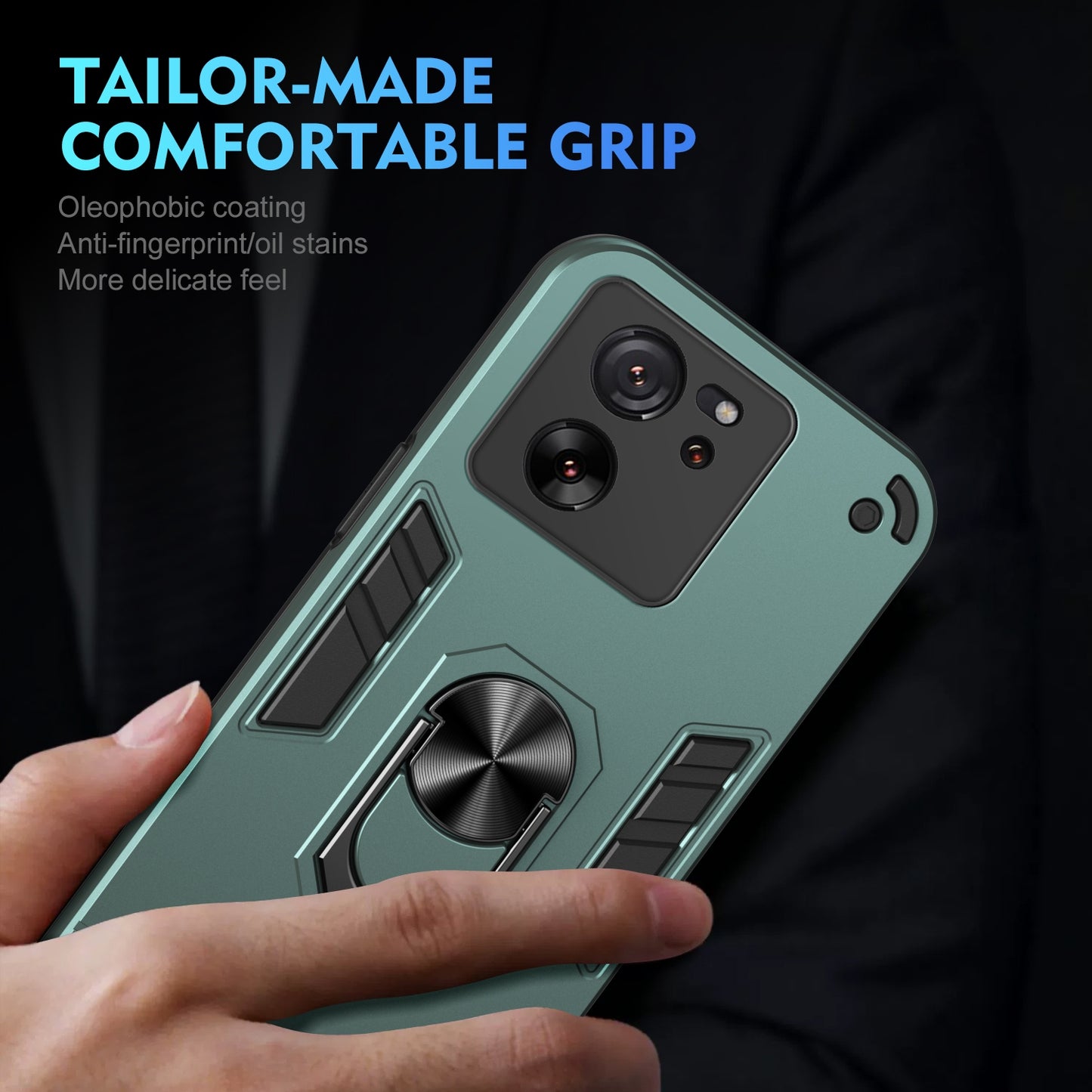 Shockproof Xiaomi 13T Phone Case with 360° Rotatable Metal Ring Holder, Magnetic Car Mount Stand, Ultra-Thin PC & Silicone Protection Cover