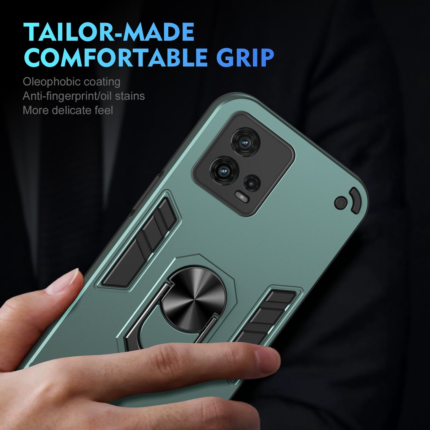 Shockproof Motorola Moto G72 Phone Case with 360° Rotatable Metal Ring Holder, Magnetic Car Mount Stand, Ultra-Thin PC & Silicone Protection Cover