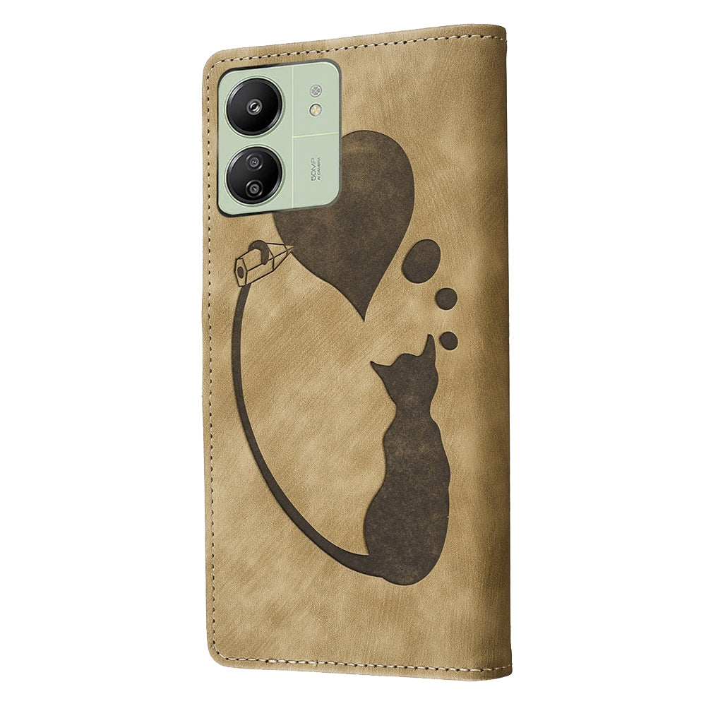 Xiaomi Redmi 13C 4G Heart & Cat Embossed Multi-Functional Pen Leather Wallet Phone Case with Stand and Card Slots