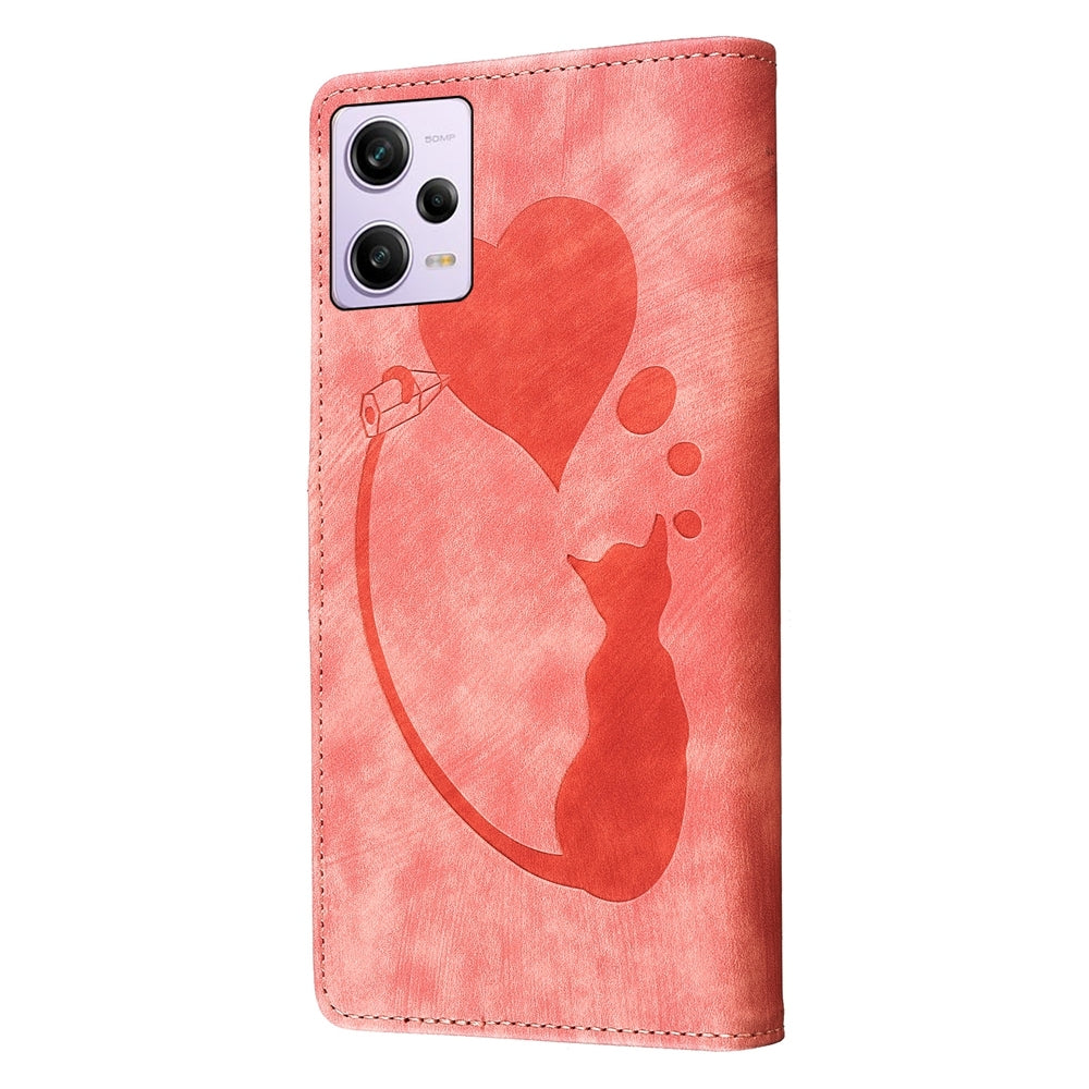 Xiaomi Redmi Note 12 Pro 5G Global Heart & Cat Embossed Multi-Functional Pen Leather Wallet Phone Case with Stand and Card Slots