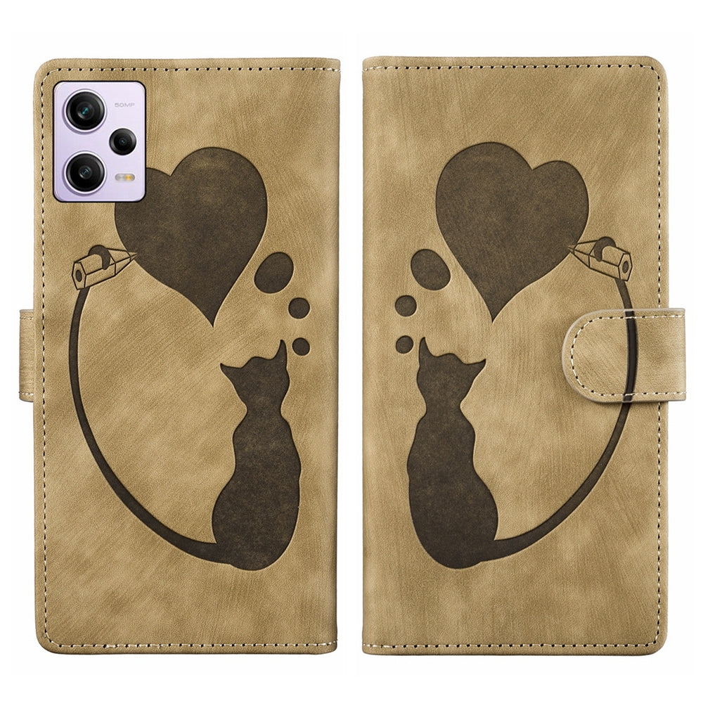 Xiaomi Redmi Note 12 Pro 5G Global Heart & Cat Embossed Multi-Functional Pen Leather Wallet Phone Case with Stand and Card Slots