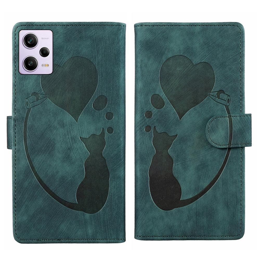 Xiaomi Redmi Note 12 Pro 5G Global Heart & Cat Embossed Multi-Functional Pen Leather Wallet Phone Case with Stand and Card Slots