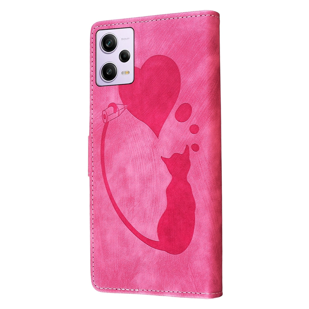 Xiaomi Redmi Note 12 Pro 5G Global Heart & Cat Embossed Multi-Functional Pen Leather Wallet Phone Case with Stand and Card Slots