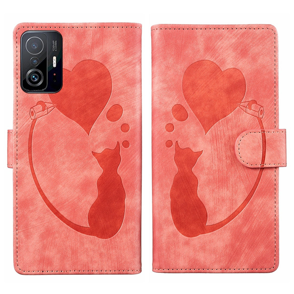 For Xiaomi 11T Heart & Cat Embossed Multi-Functional Pen Leather Wallet Phone Case with Stand and Card Slots