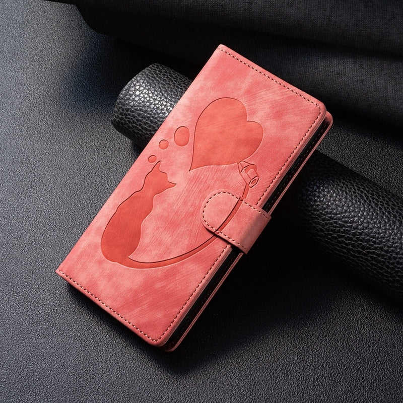 For Xiaomi 11T Heart & Cat Embossed Multi-Functional Pen Leather Wallet Phone Case with Stand and Card Slots