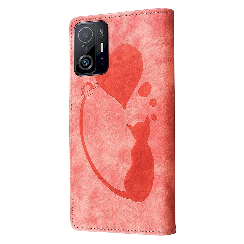 For Xiaomi 11T Heart & Cat Embossed Multi-Functional Pen Leather Wallet Phone Case with Stand and Card Slots