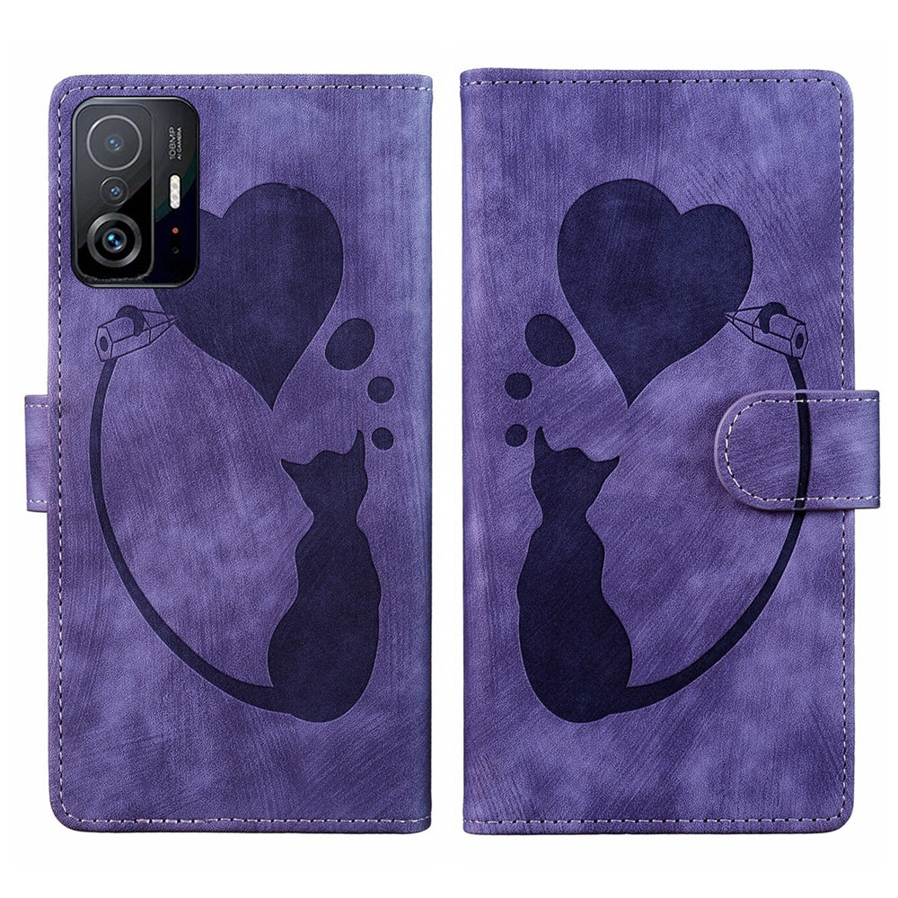 For Xiaomi 11T Heart & Cat Embossed Multi-Functional Pen Leather Wallet Phone Case with Stand and Card Slots