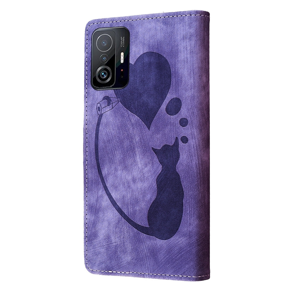 For Xiaomi 11T Heart & Cat Embossed Multi-Functional Pen Leather Wallet Phone Case with Stand and Card Slots