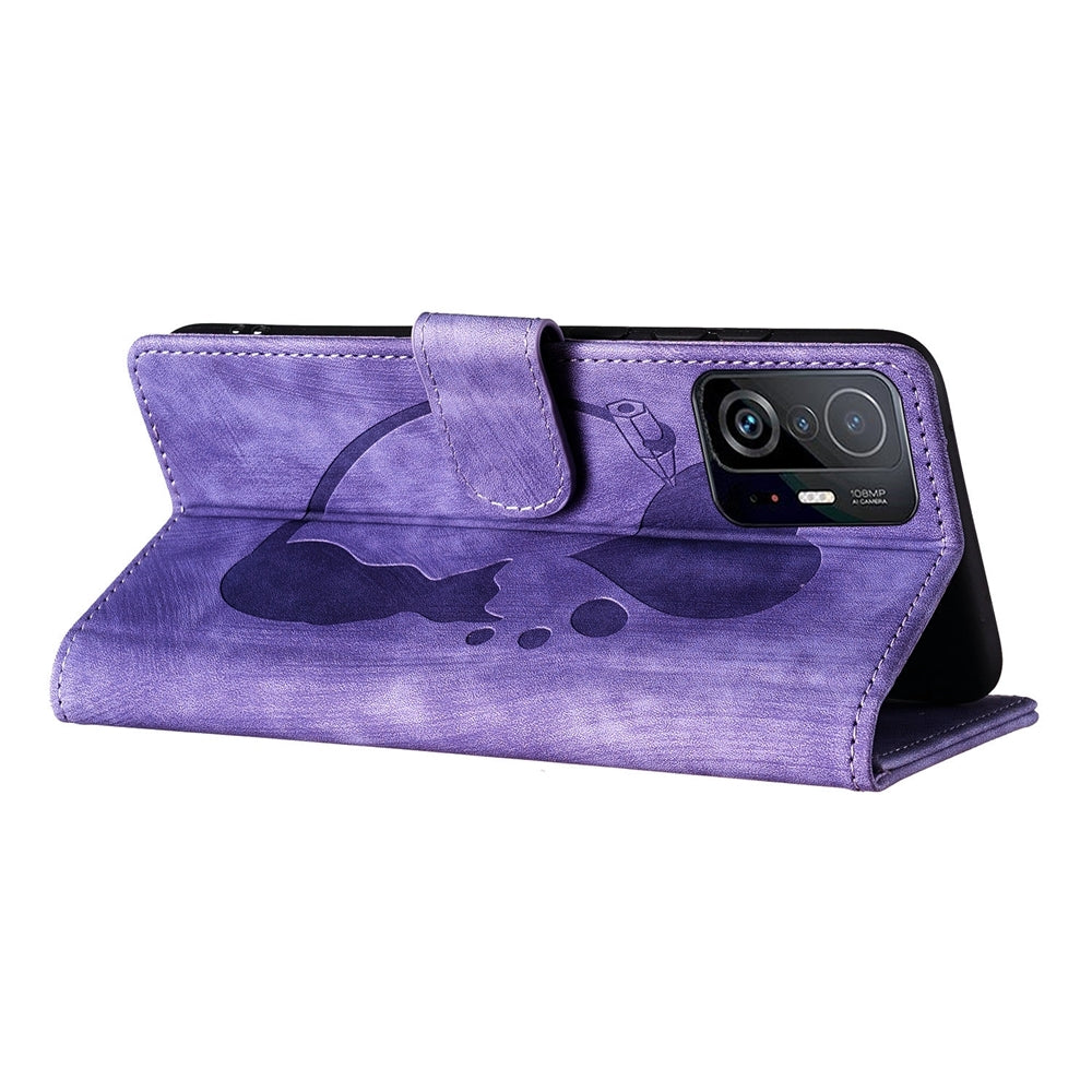 For Xiaomi 11T Heart & Cat Embossed Multi-Functional Pen Leather Wallet Phone Case with Stand and Card Slots