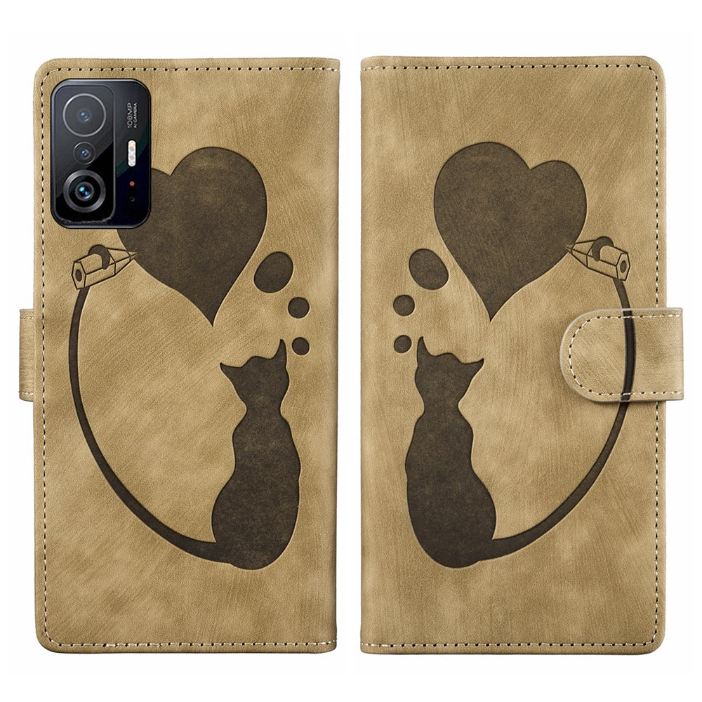 For Xiaomi 11T Heart & Cat Embossed Multi-Functional Pen Leather Wallet Phone Case with Stand and Card Slots