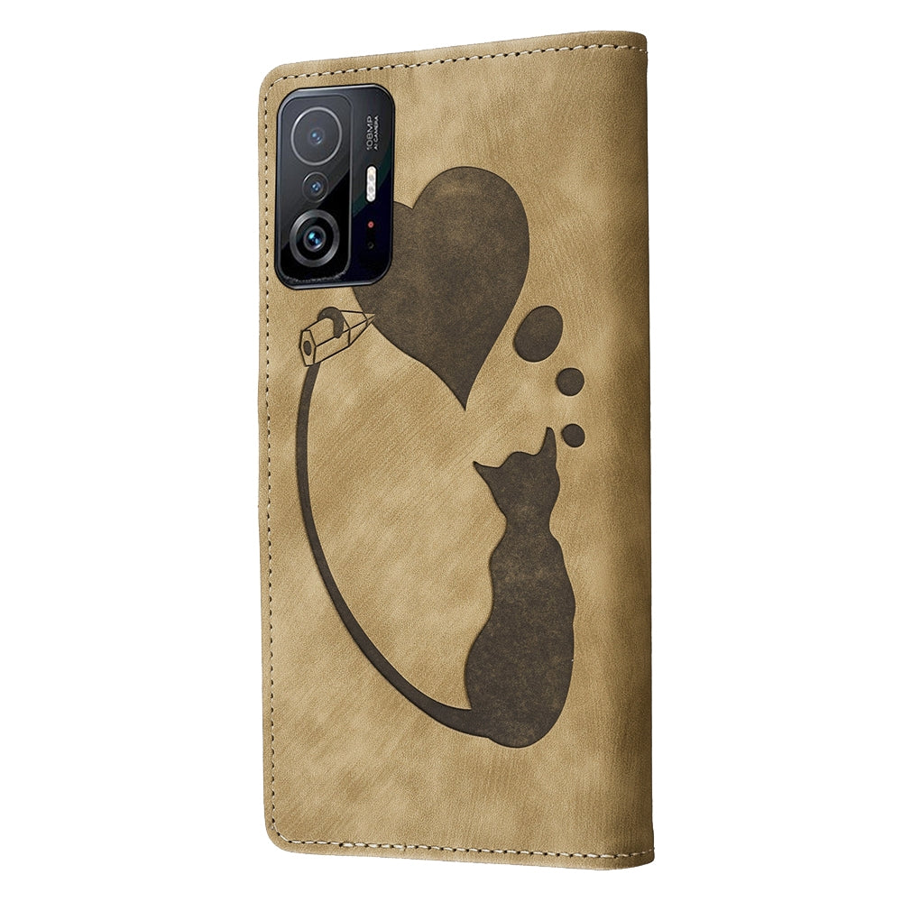 For Xiaomi 11T Heart & Cat Embossed Multi-Functional Pen Leather Wallet Phone Case with Stand and Card Slots