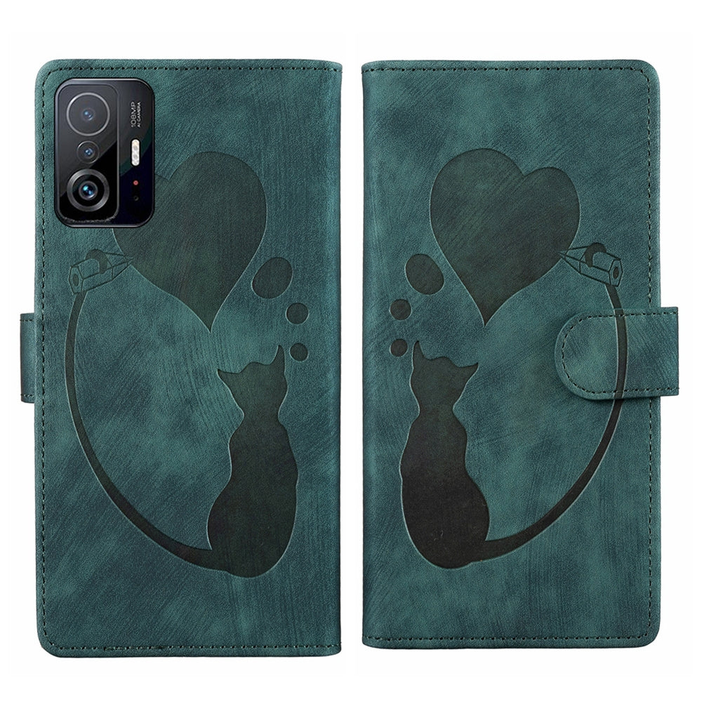 For Xiaomi 11T Heart & Cat Embossed Multi-Functional Pen Leather Wallet Phone Case with Stand and Card Slots