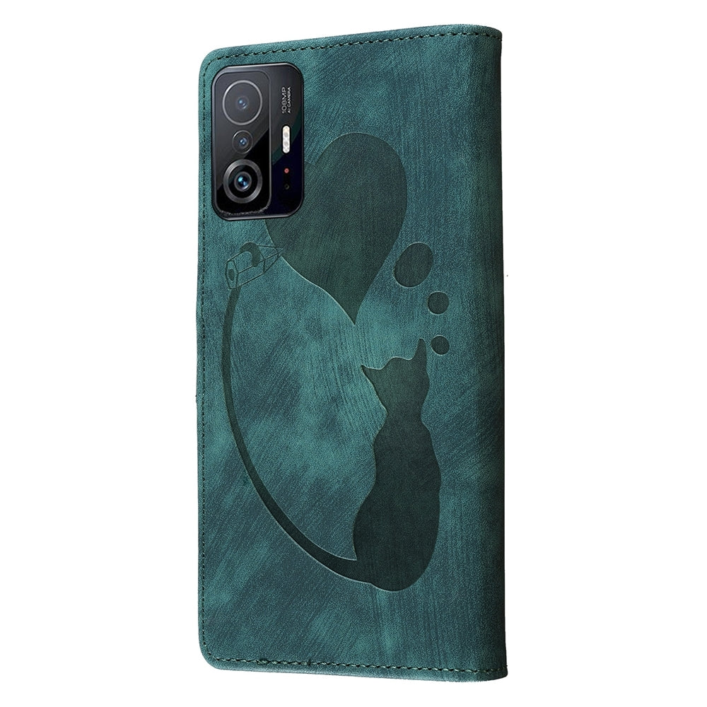 For Xiaomi 11T Heart & Cat Embossed Multi-Functional Pen Leather Wallet Phone Case with Stand and Card Slots