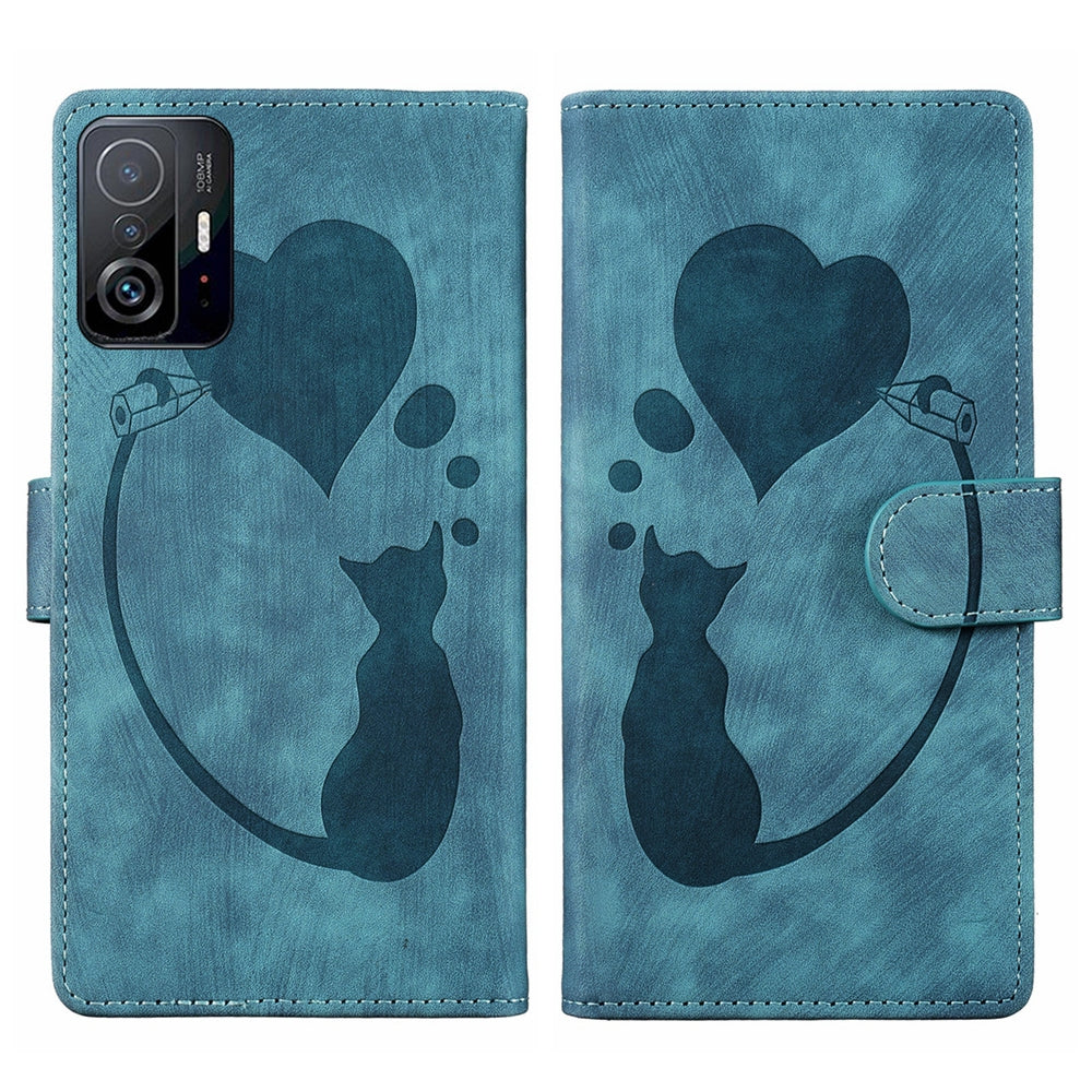 For Xiaomi 11T Heart & Cat Embossed Multi-Functional Pen Leather Wallet Phone Case with Stand and Card Slots