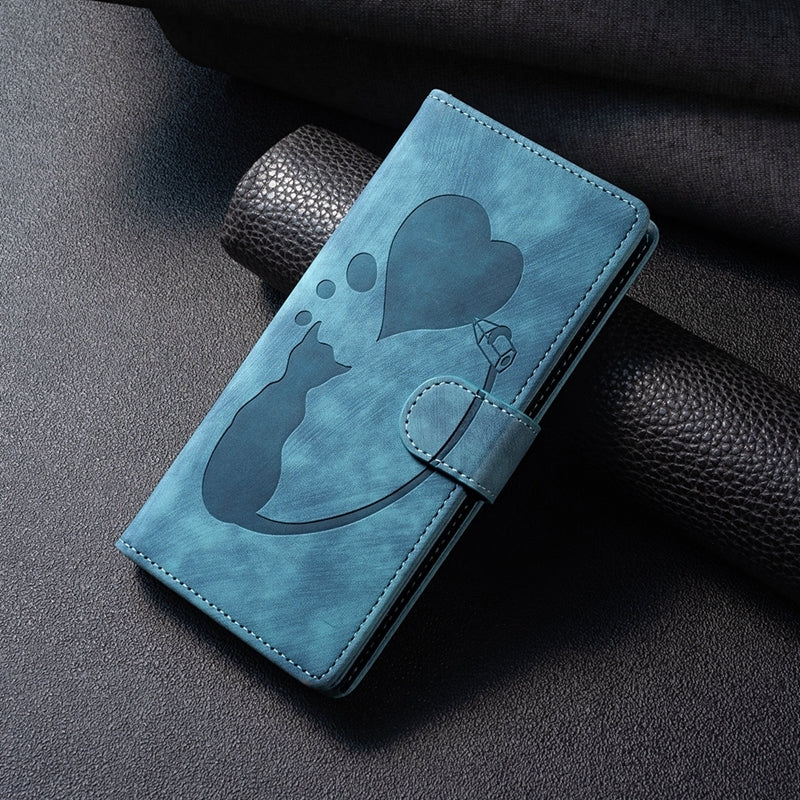 For Xiaomi 11T Heart & Cat Embossed Multi-Functional Pen Leather Wallet Phone Case with Stand and Card Slots