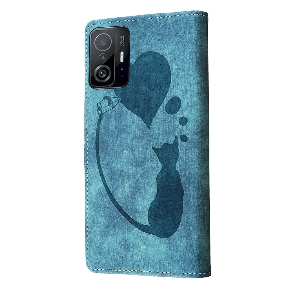 For Xiaomi 11T Heart & Cat Embossed Multi-Functional Pen Leather Wallet Phone Case with Stand and Card Slots