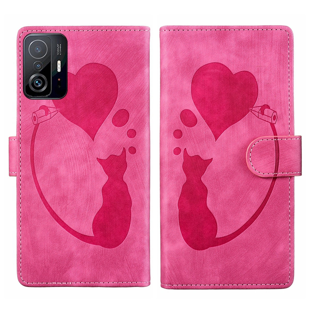For Xiaomi 11T Heart & Cat Embossed Multi-Functional Pen Leather Wallet Phone Case with Stand and Card Slots