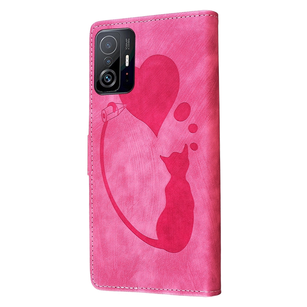 For Xiaomi 11T Heart & Cat Embossed Multi-Functional Pen Leather Wallet Phone Case with Stand and Card Slots