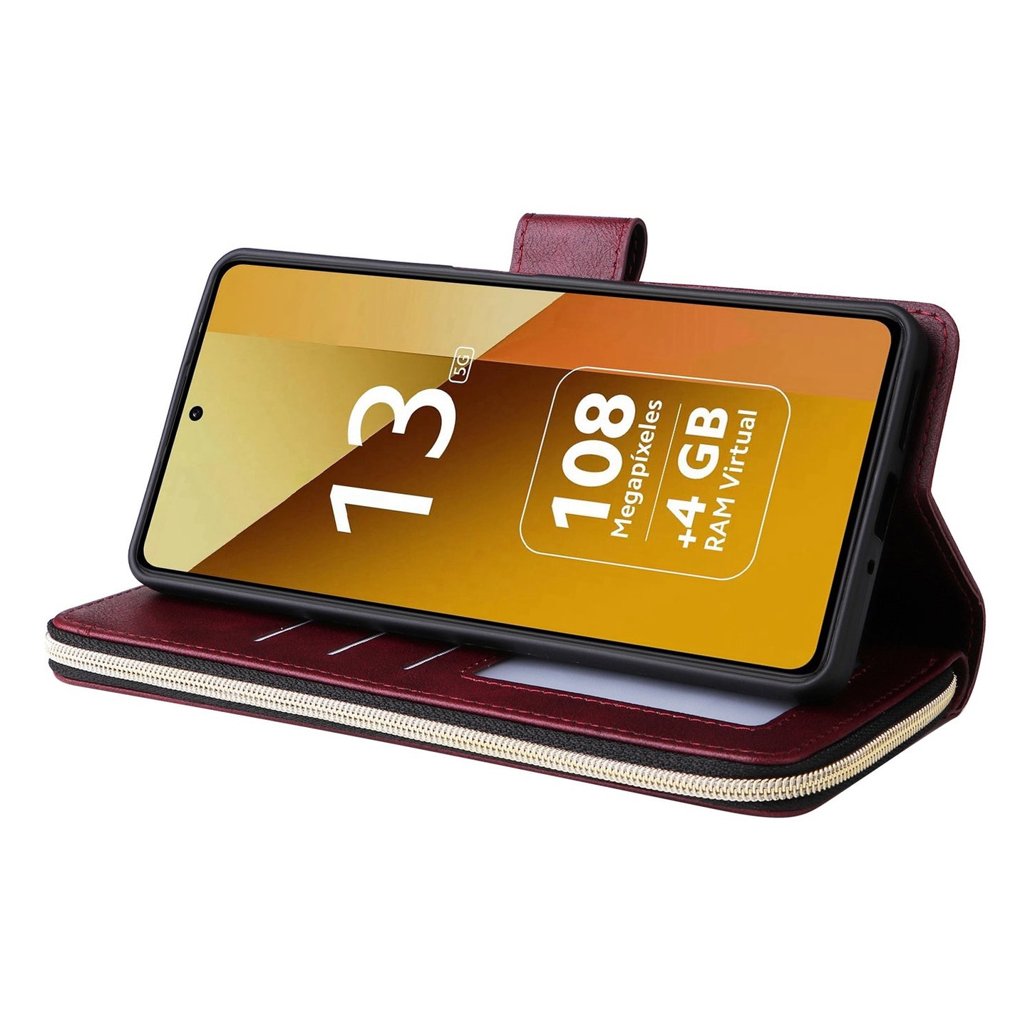 Redmi Note 13 5G Global Leather Wallet Case with 9 Card Slots, Zipped Cash Pocket & Kickstand - Premium PU TPU Protective Cover with Wrist Strap