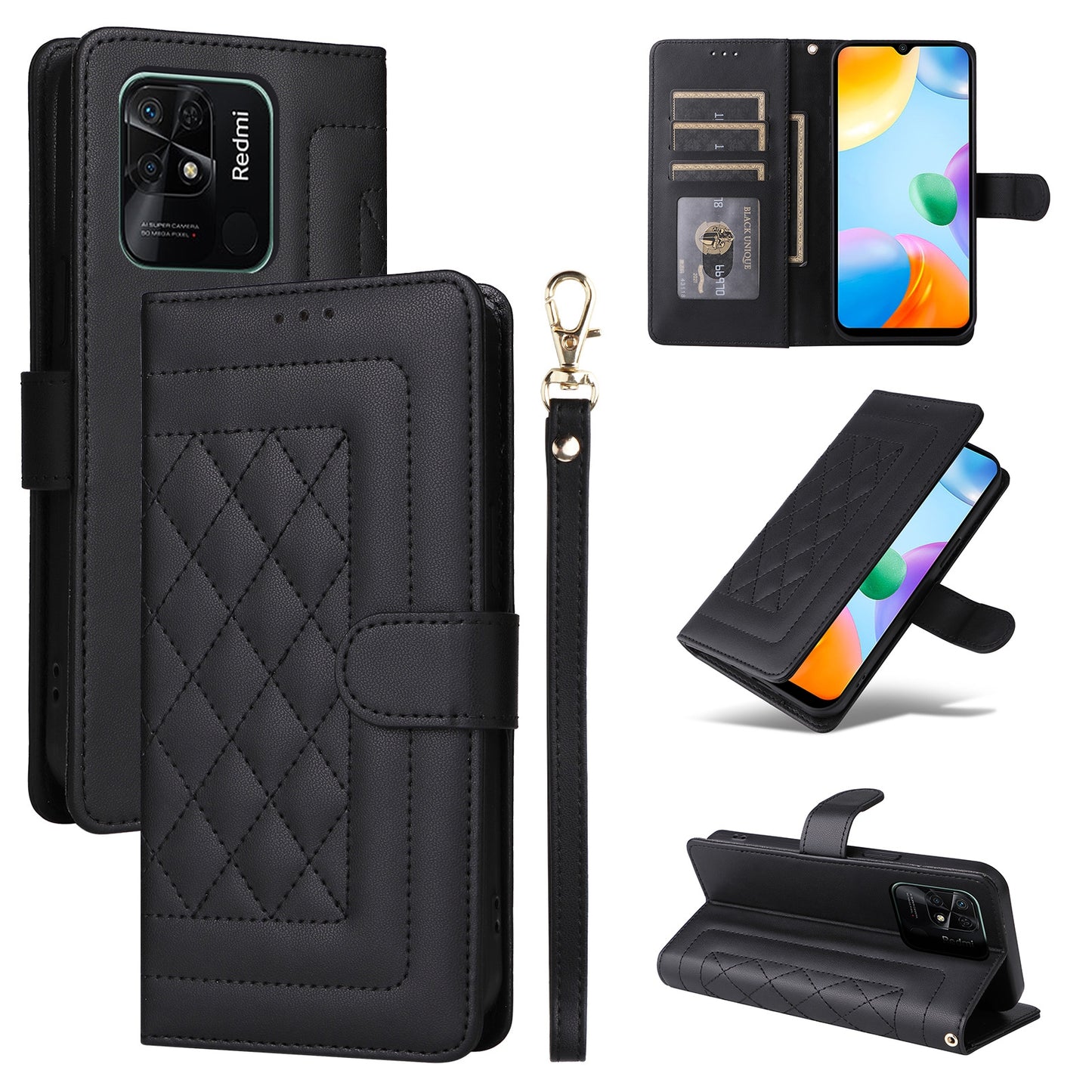 Xiaomi Redmi 10C Diamond Lattice Leather Flip Phone Case - Durable and Convenient Holder with Precision Cutouts