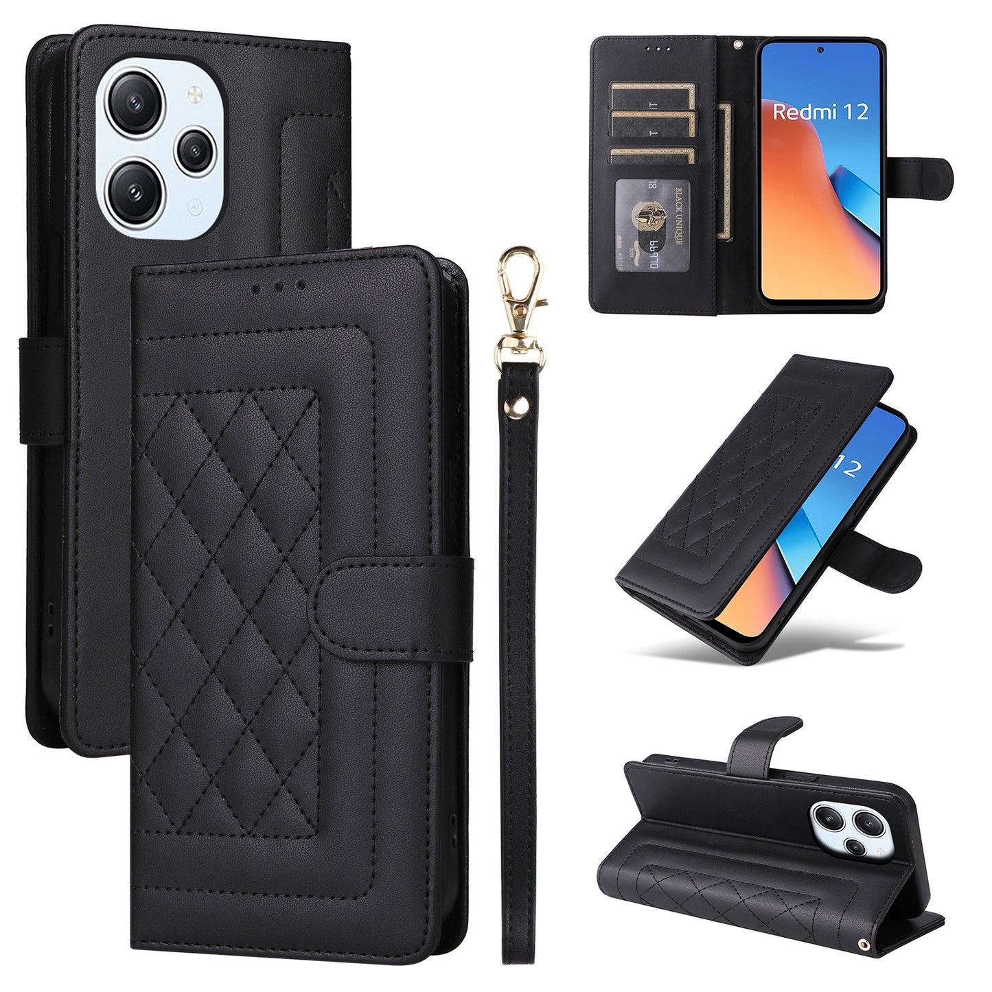 Xiaomi Redmi 12 4G Diamond Lattice Leather Flip Phone Case - Durable and Convenient Holder with Precision Cutouts