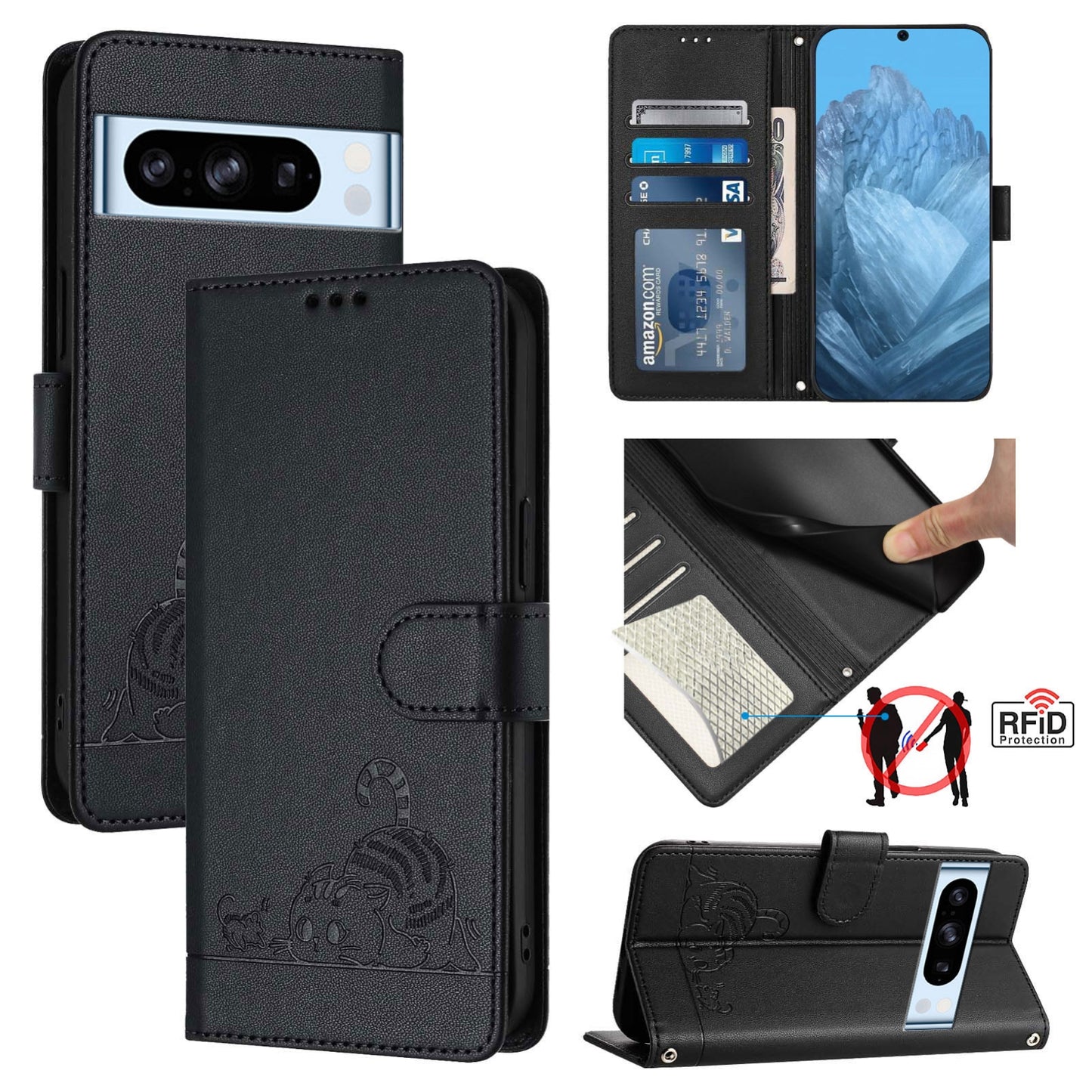Google Pixel 8 Pro Cat and Rat Embossed Pattern, RFID Leather Phone Case with Lanyard, Kickstand, and Wallet Features