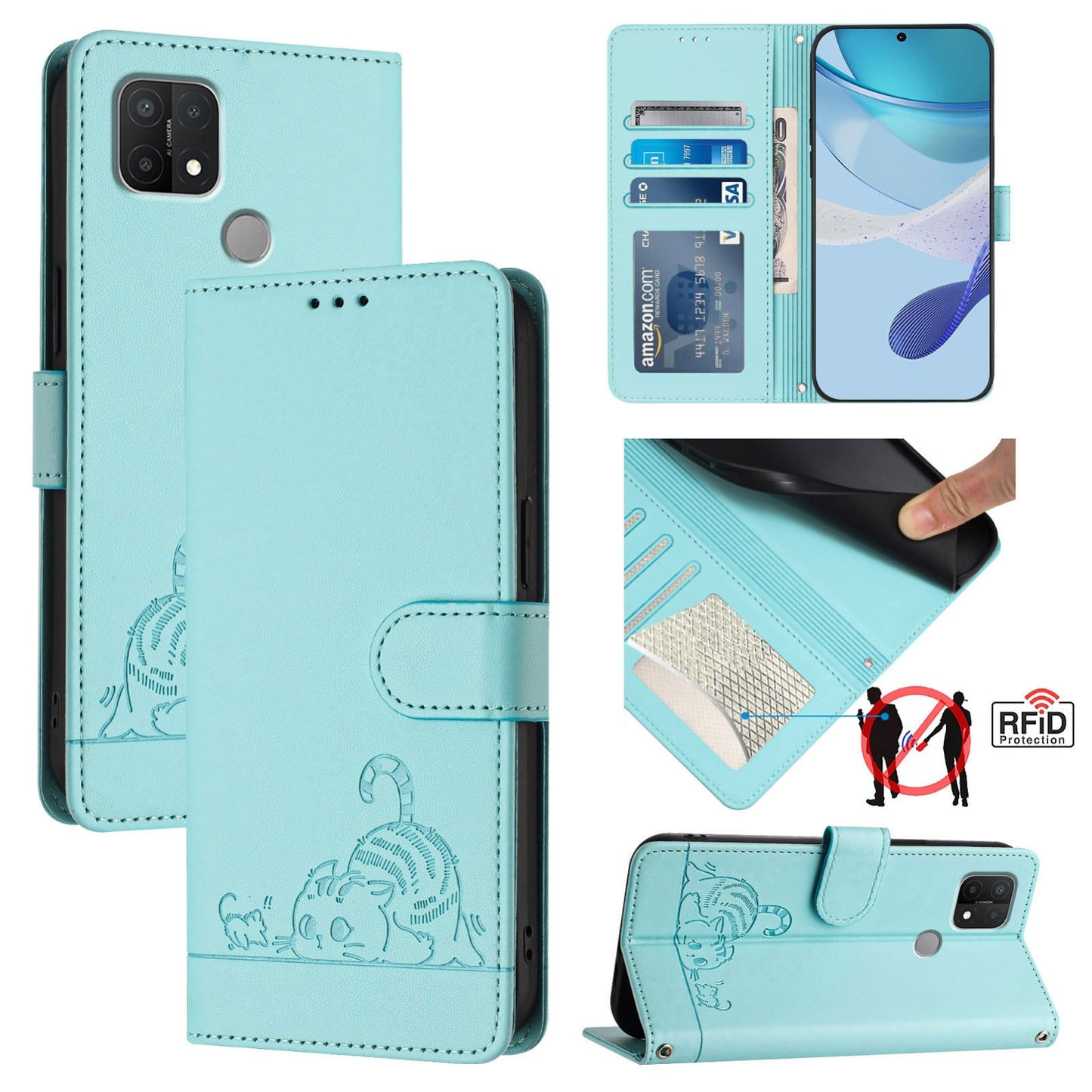 For OPPO A15 Cat and Rat Embossed Pattern, RFID Leather Phone Case with Lanyard, Kickstand, and Wallet Features