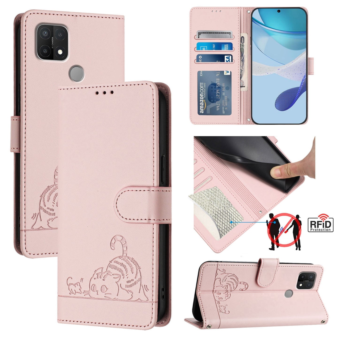 For OPPO A15 Cat and Rat Embossed Pattern, RFID Leather Phone Case with Lanyard, Kickstand, and Wallet Features