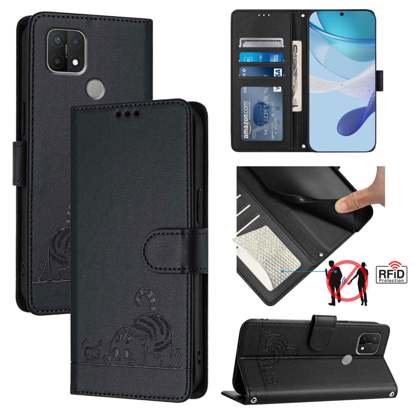 For OPPO A15 Cat and Rat Embossed Pattern, RFID Leather Phone Case with Lanyard, Kickstand, and Wallet Features