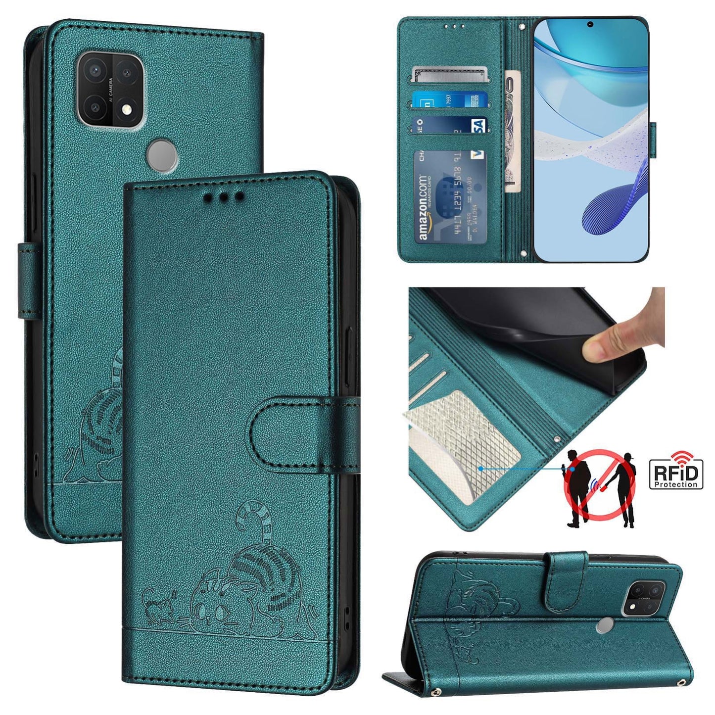 For OPPO A15 Cat and Rat Embossed Pattern, RFID Leather Phone Case with Lanyard, Kickstand, and Wallet Features