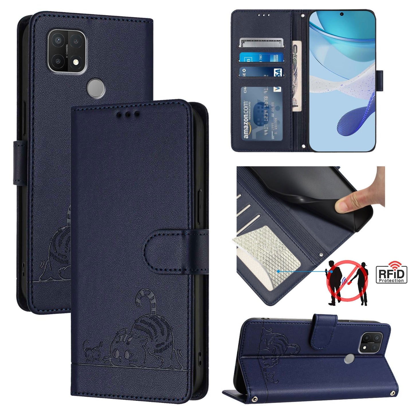 For OPPO A15 Cat and Rat Embossed Pattern, RFID Leather Phone Case with Lanyard, Kickstand, and Wallet Features