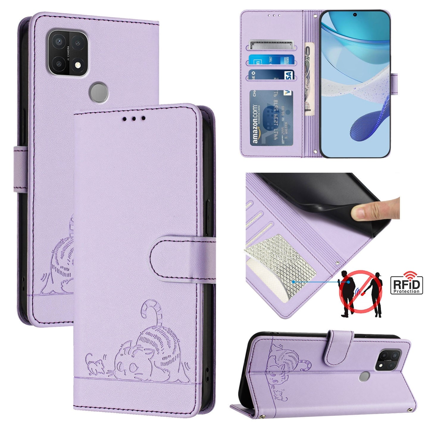For OPPO A15 Cat and Rat Embossed Pattern, RFID Leather Phone Case with Lanyard, Kickstand, and Wallet Features