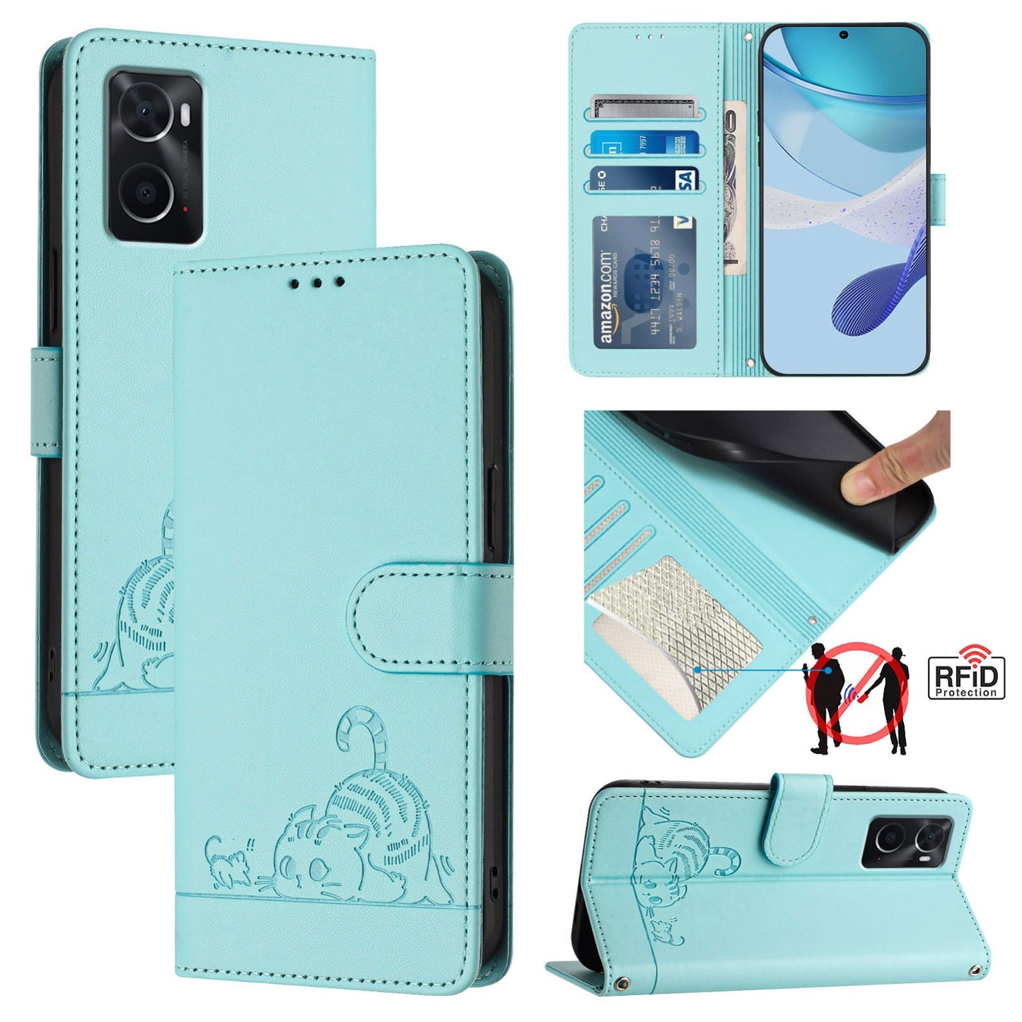 OPPO A96 4G Cat and Rat Embossed Pattern, RFID Leather Phone Case with Lanyard, Kickstand, and Wallet Features