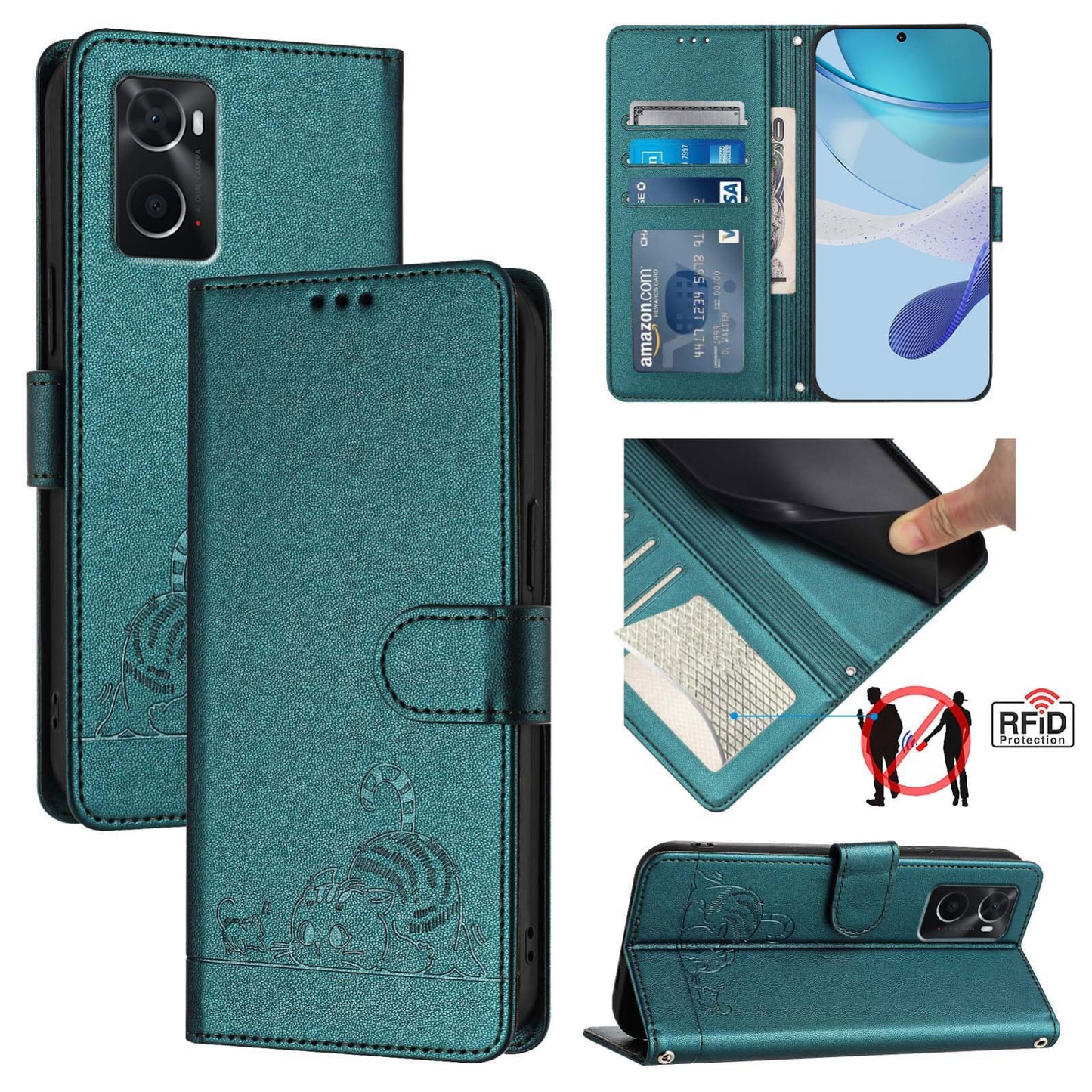 OPPO A96 4G Cat and Rat Embossed Pattern, RFID Leather Phone Case with Lanyard, Kickstand, and Wallet Features