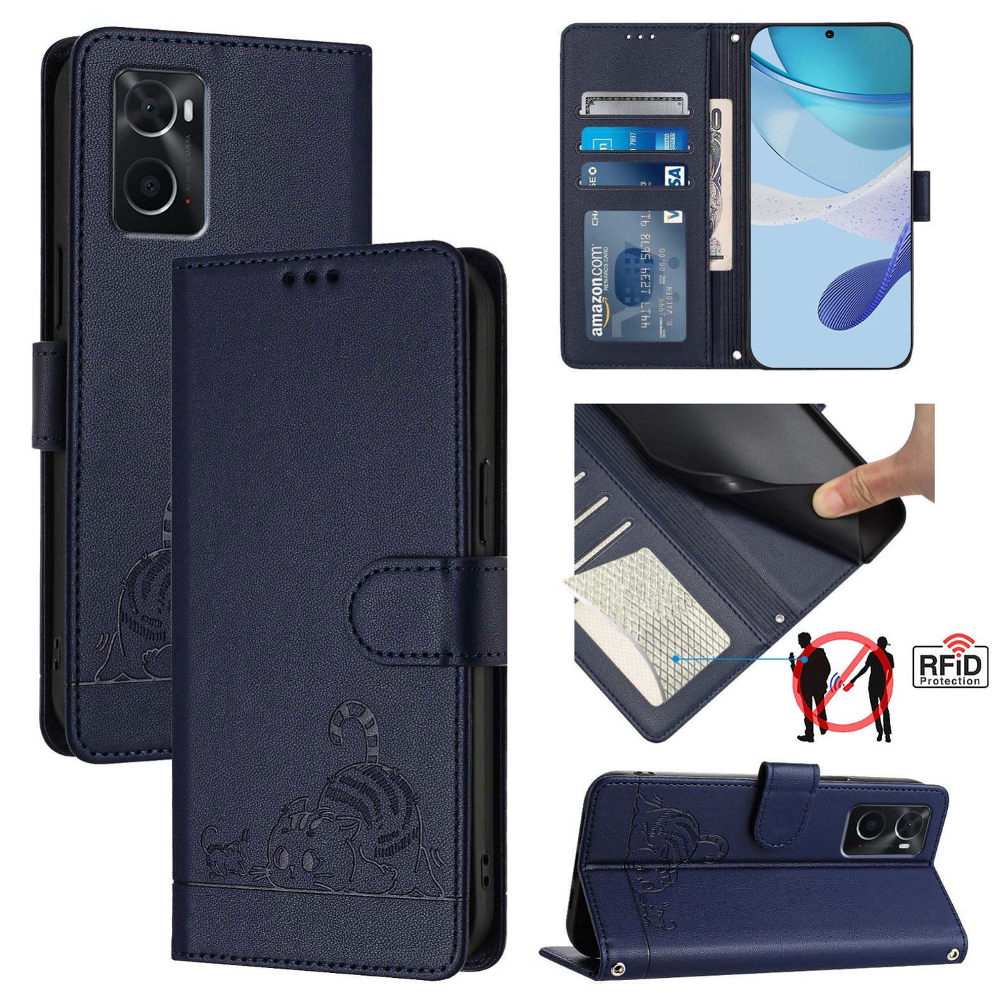 OPPO A96 4G Cat and Rat Embossed Pattern, RFID Leather Phone Case with Lanyard, Kickstand, and Wallet Features