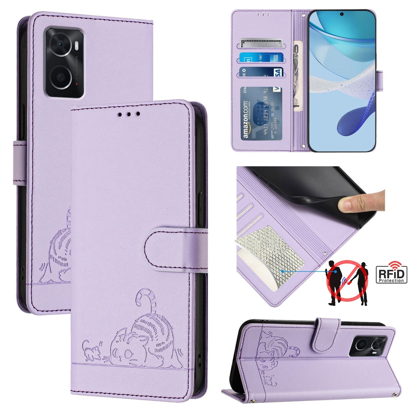 OPPO A96 4G Cat and Rat Embossed Pattern, RFID Leather Phone Case with Lanyard, Kickstand, and Wallet Features
