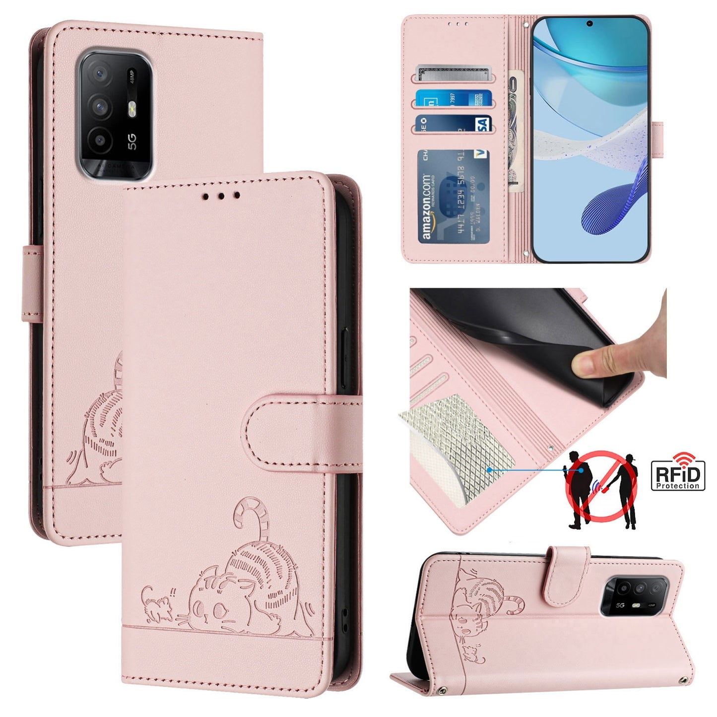 OPPO A95 4G Global Cat and Rat Embossed Pattern, RFID Leather Phone Case with Lanyard, Kickstand, and Wallet Features