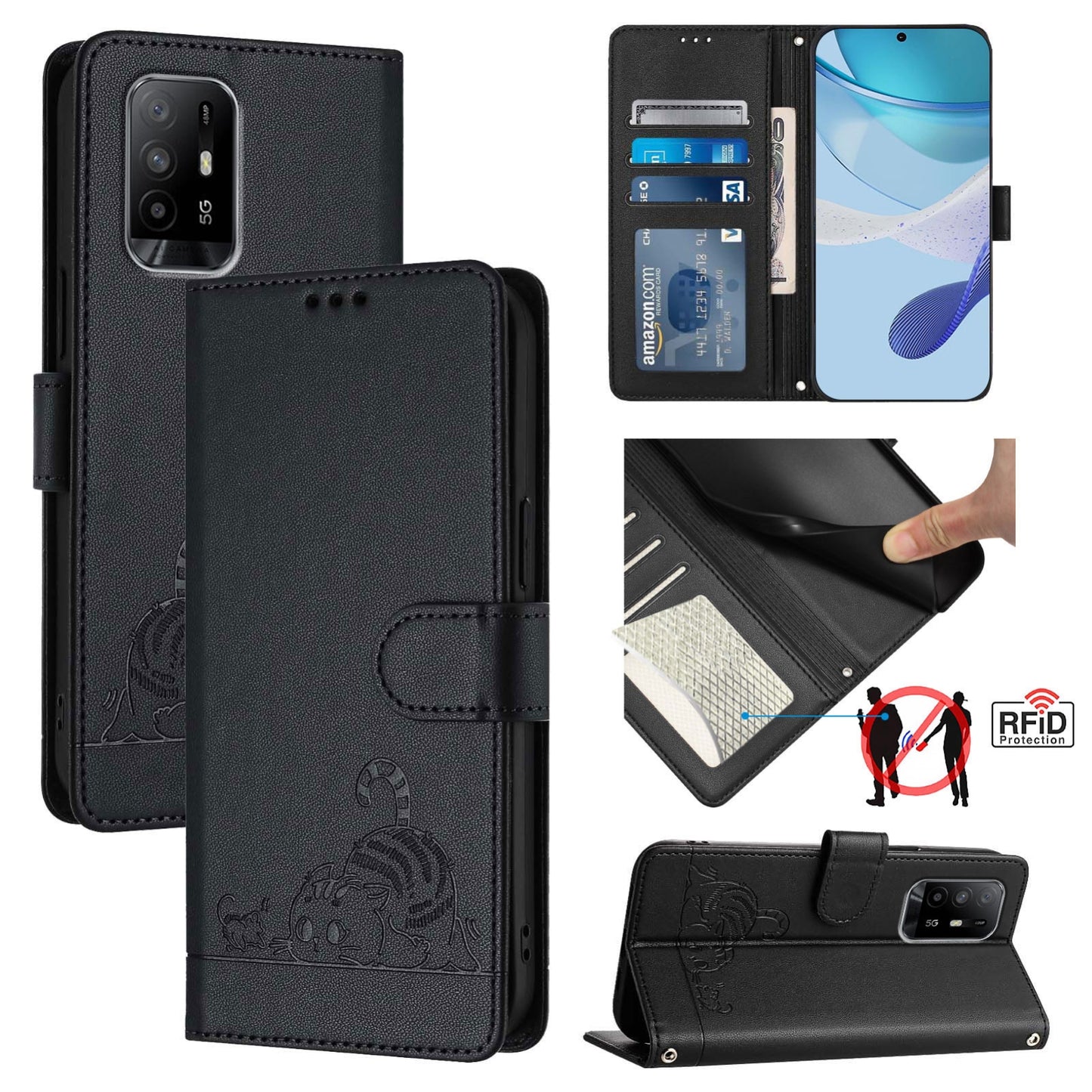 OPPO A95 4G Global Cat and Rat Embossed Pattern, RFID Leather Phone Case with Lanyard, Kickstand, and Wallet Features