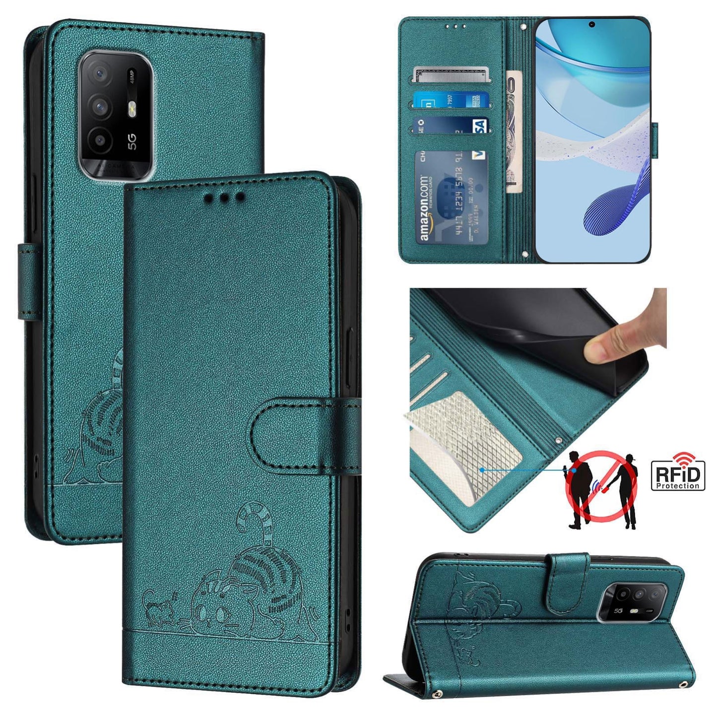 OPPO A95 4G Global Cat and Rat Embossed Pattern, RFID Leather Phone Case with Lanyard, Kickstand, and Wallet Features